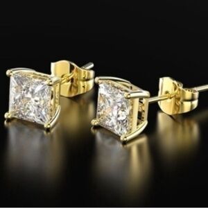 Brand New Renaissance 14k Yellow Gold Princess Cut CZ Stud Earrings